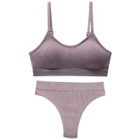 Безшовний комплект жіночої білизни в рубчик труси та топ 6618# Ліловий M 70/75 ABC