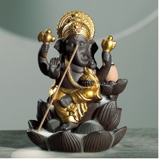 Підставка для пахощів 2019011002 Ганеша на Лотосі зі зворотним потоком рідкого диму тримач для ароматичних паличок та конусів Gold