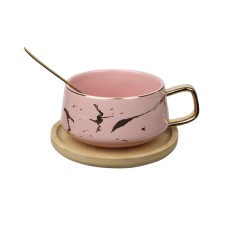 Чашка кави з бамбуковим блюдцем A2024 кухоль з ложкою золотий мармур для кави чаю Pink