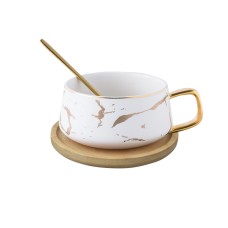 Чашка кави з бамбуковим блюдцем A2024 кухоль з ложкою золотий мармур для кави чаю White