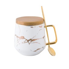 Чайна чашка A2024 з бамбуковою кришкою та ложкою золотий мармур White