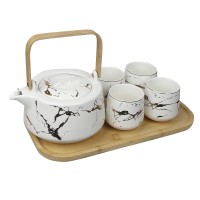 Чайний сервіз Мармурова розкіш чайник 4 чашки з дерев'яною підставкою набір для чаювання White