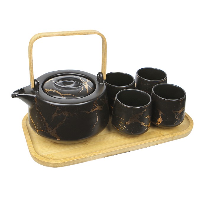 Чайный сервиз Мраморная роскошь чайник 4 чашки с деревянной подставкой набор для чаепития Black