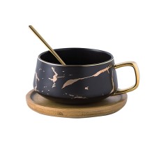 Чашка кави з бамбуковим блюдцем A2024 кухоль з ложкою золотий мармур для кави чаю Black