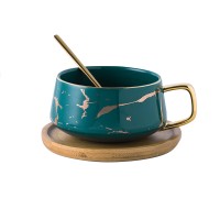Чашка кави з бамбуковим блюдцем A2024 кухоль з ложкою золотий мармур для кави чаю Green