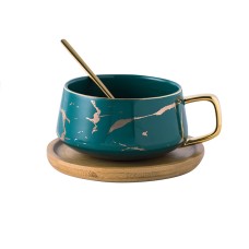 Чашка кави з бамбуковим блюдцем A2024 кухоль з ложкою золотий мармур для кави чаю Green