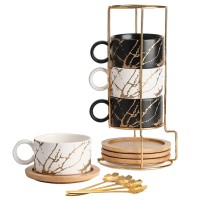 Набір чашок Мармурова розкіш 4 шт з бамбуковим блюдцем підставкою ложкою для чаю