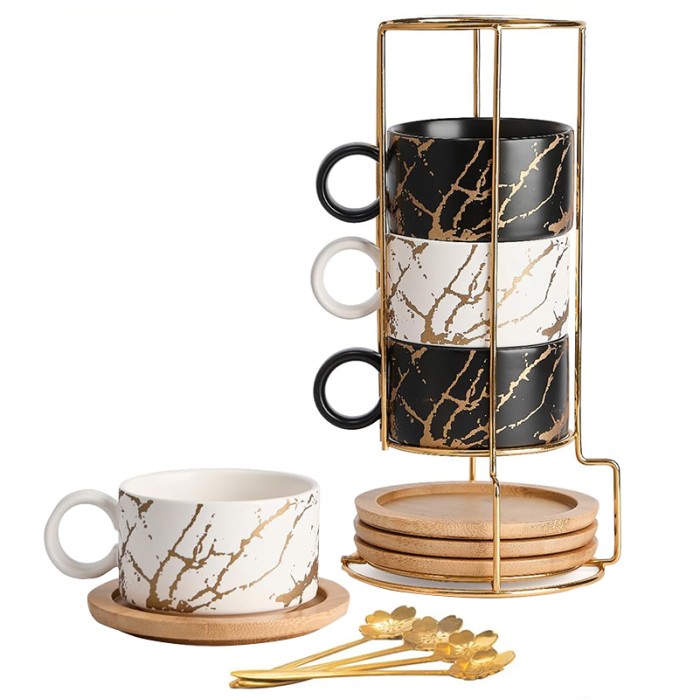 Набор чашек Мраморная роскошь 4 шт с бамбуковым блюдцем подставкой ложкой для чая кофе Black + White
