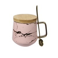 Чайна чашка A2024 з бамбуковою кришкою та ложкою золотий мармур Pink