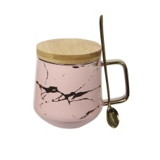 Чайна чашка A2024 з бамбуковою кришкою та ложкою золотий мармур Pink
