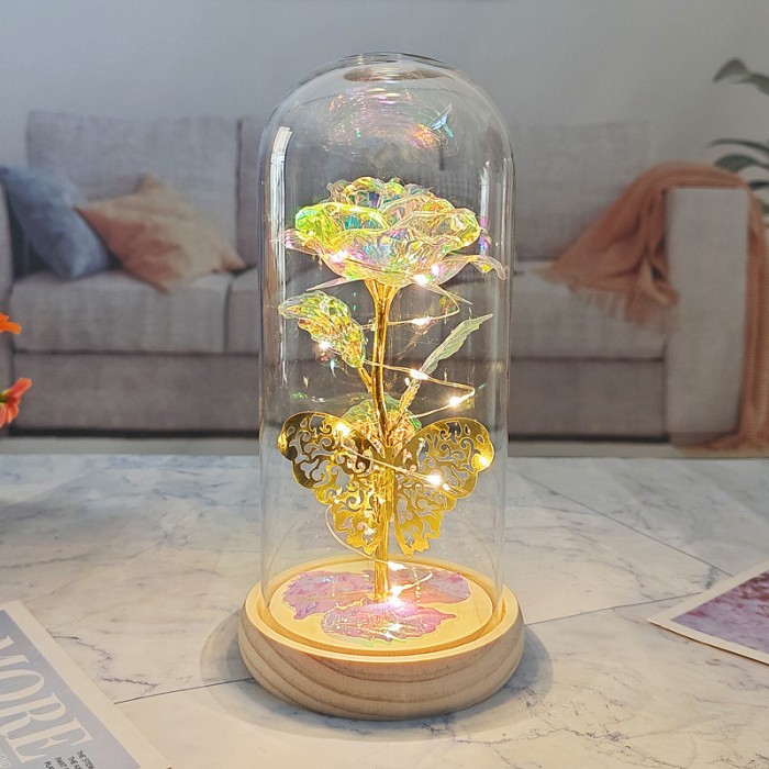 Роза в колбе 24К KY-1126 с бабочкой и LED подсветкой Теплый свет
