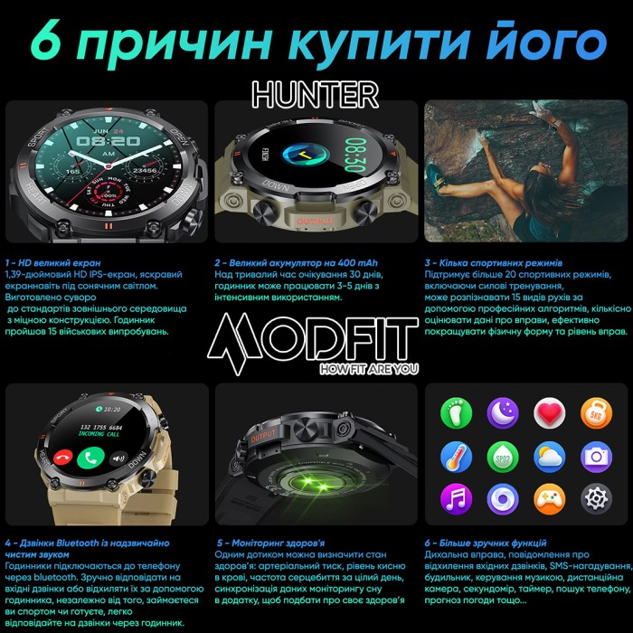 Смарт годинник Modfit Hunter Khaki 36 мм