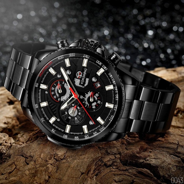 Чоловічий наручний годинник Forsining 6909 All Black-Red