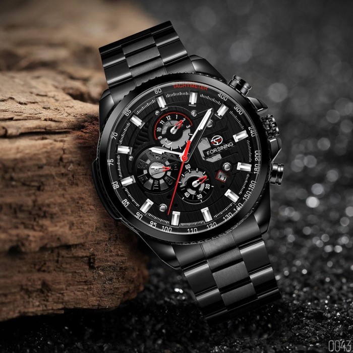 Чоловічий наручний годинник Forsining 6909 All Black-Red