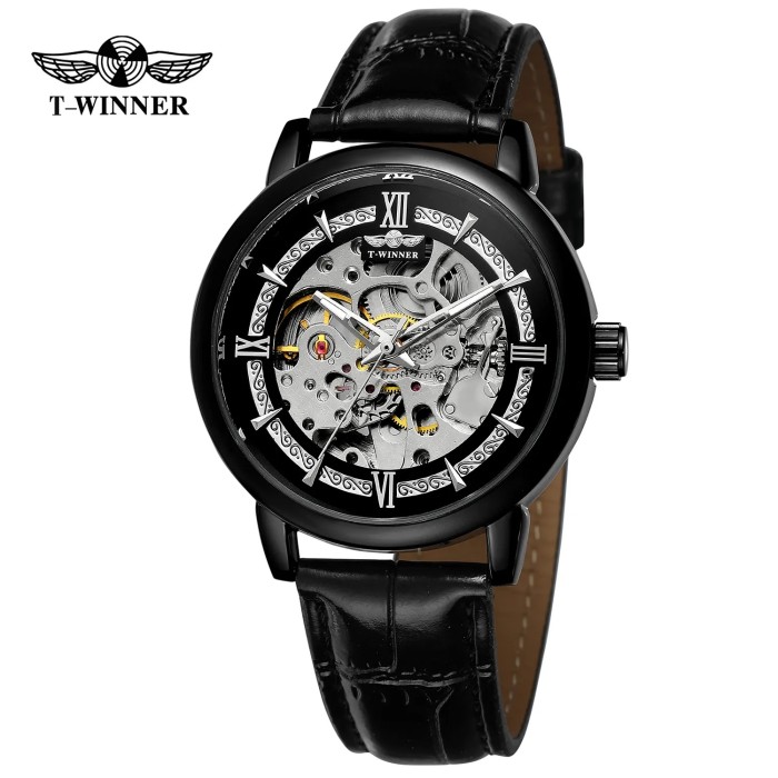 Чоловічі наручні годинники Forsining 8173 All Black-Silver Leather