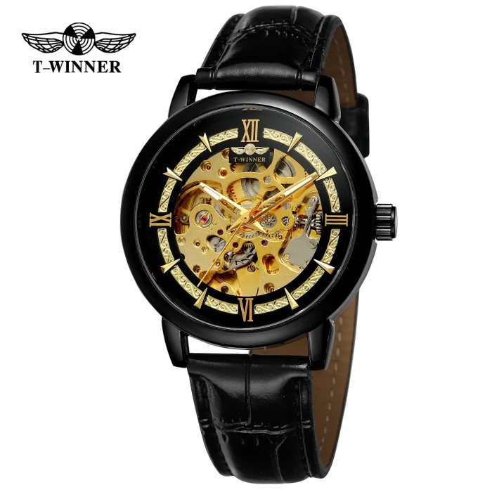Годинник Forsining 8173 All Black-Gold Leather - Чоловічий стильний аксесуар