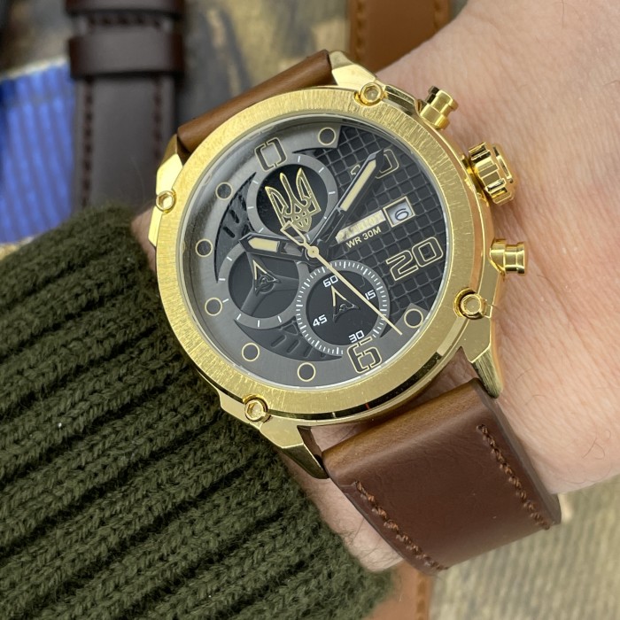 Чоловічий наручний годинник Patriot 016BKGD Тризуб золото