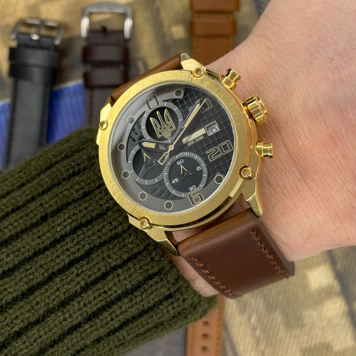 Чоловічий наручний годинник Patriot 016BKGD Тризуб золото