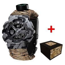 Patriot 005 Тризуб срібло Сірий камуфляж Паракордовий ремінець Desert Camo + Короб