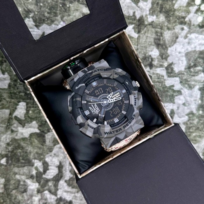 Patriot 005 Тризуб срібло Сірий камуфляж Паракордовий ремінець Desert Camo + Короб