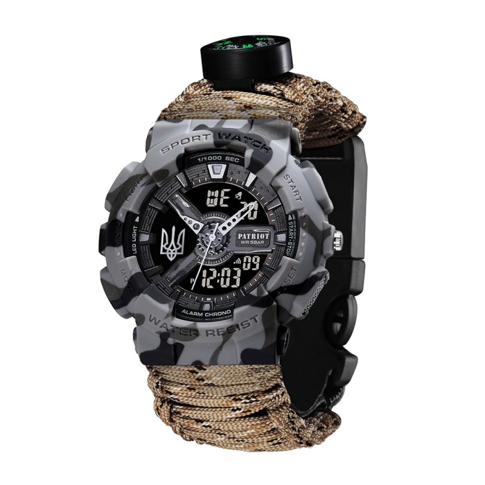 Patriot 005 Тризуб срібло Сірий камуфляж Паракордовий ремінець Desert Camo + Короб