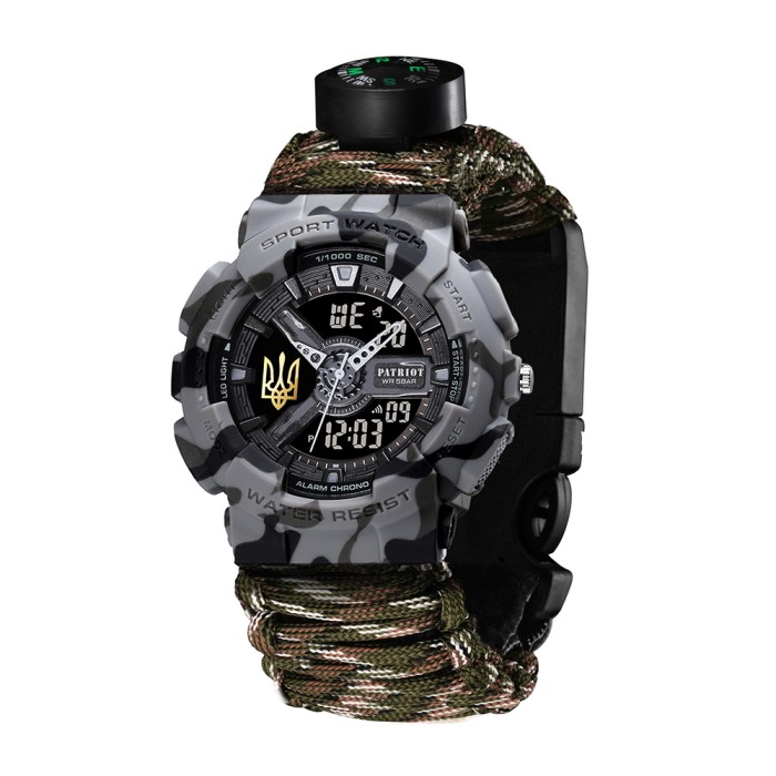 Patriot 005 Тризуб золото Сірий камуфляж Паракордовий ремінець Camo Green+Коробка