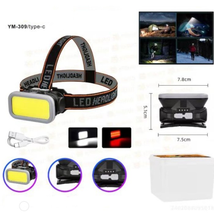 Ліхтар налобний YM-309-COB(white+red), Ліхтар з різними режимами роботи, Надпотужний ліхтар налобний